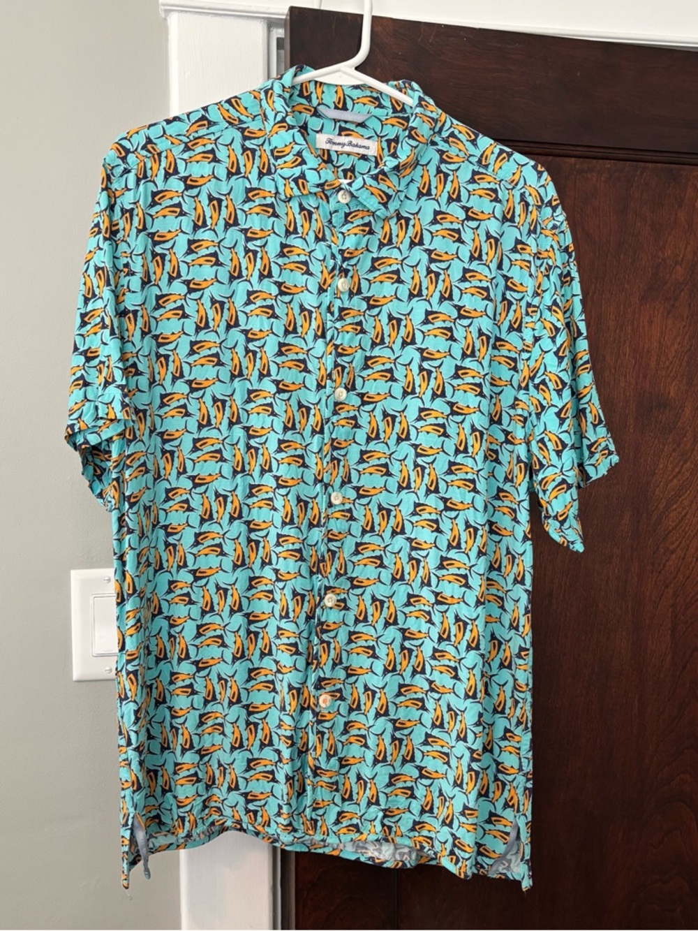 Tommy Bahama Large Rayon Blue Marlin Fish Print Button Up Short Sleeve Shirt